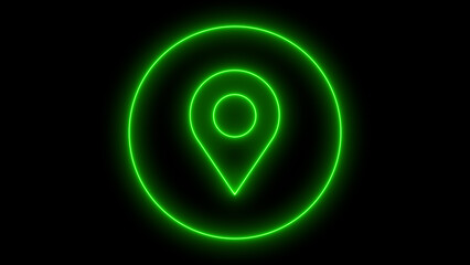 Colorful neon location pin point glowing on black background, luminous map marker for gps navigation app, simple design for finding travel destination