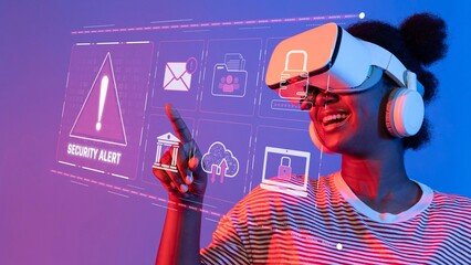 A young woman joyfully engages in a virtual reality experience, surrounded by digital security...
