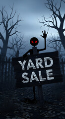Eerie Yard Sale Sign with Glowing-Eyed Figure in Dark, Spooky Forest for Halloween
