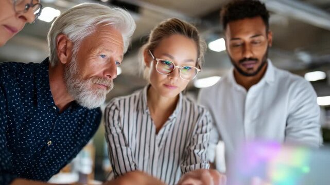 A diverse group of professionals collaboratively engaging in a focused discussion, analyzing digital data and visualizations, showcasing teamwork, innovation, and effective communication 