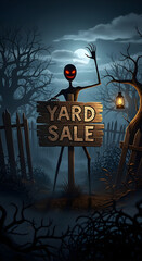 Eerie Yard Sale Sign with Sinister Creature in Moonlit Haunted Woods