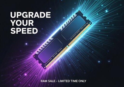 A sleek, tech-focused poster featuring a glowing RAM stick at the center, angled dynamically to create a sense of depth and motion