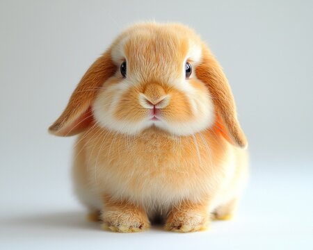 Soft, fluffy, light orange lop-eared rabbit facing forward on a plain white surface