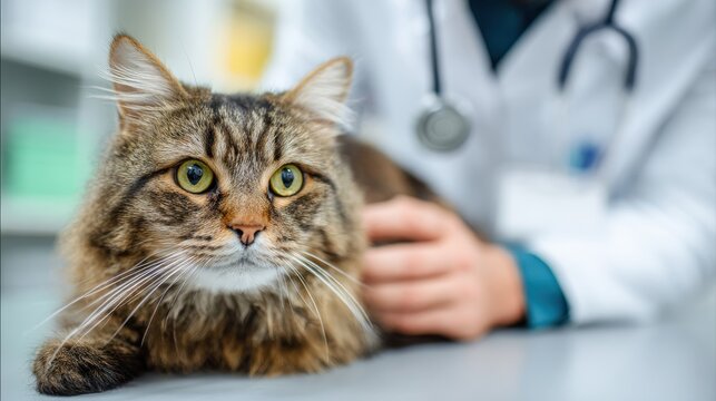 Veterinarian examining pet on table in veterinary clinic, Veterinary caring of a cute cat, healthcare of your pet. Pet Health Check Up. Caring Veterinarian Examining And Comforting a Cat During
