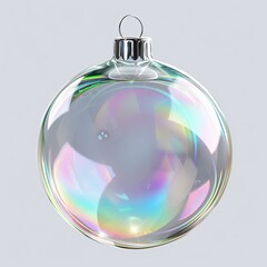 Christmas Ornament, Transparent Liquid Glass Bauble with Holographic Iridescent Surface, Rainbow Refractions, Metallic Cap  