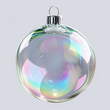 Christmas Ornament, Transparent Liquid Glass Bauble with Holographic Iridescent Surface, Rainbow Refractions, Metallic Cap  