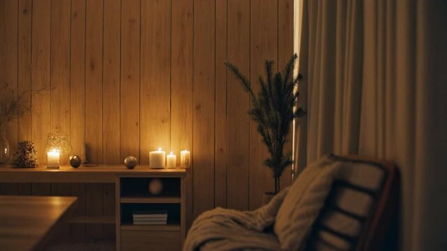 Cinematic Nordic-style Christmas interior, natural wood, warm candle glow, simple ornaments, soft golden ambience