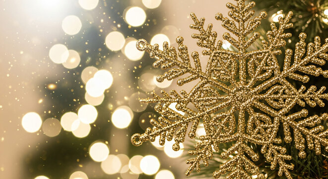 Glimmering gold snowflake ornament hanging on a Christmas tree with festive bokeh lights creating a magical holiday atmosphere for seasonal celebrations