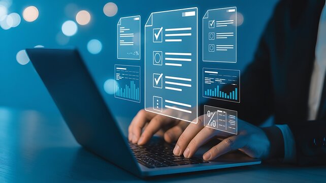 Document management concept, check electronic documents on digital documents on virtual screen Document Management System and process automation to efficiently document paperless operate