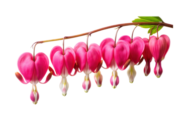 A delicate cascade of pink bleeding heart flowers hanging from a stem