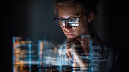 Software coding hologram and woman on tablet.