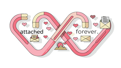 Symbolic representation of everlasting love and connection with hearts envelopes and mountains under a rising sun