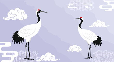 Fototapeta premium Traditional Japanese art style illustration of two red-crowned cranes standing against a purple sky with stylized white clouds.