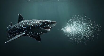 a majestic whale shark gracefully swims through the deep blue ocean waters surrounded by shimmering bubbles and ethereal light rays high quality professional