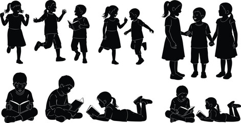 Children activity silhouette set, reading, running, talking, interacting, black on white, educational and social icon