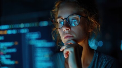 Software coding hologram and woman on tablet.