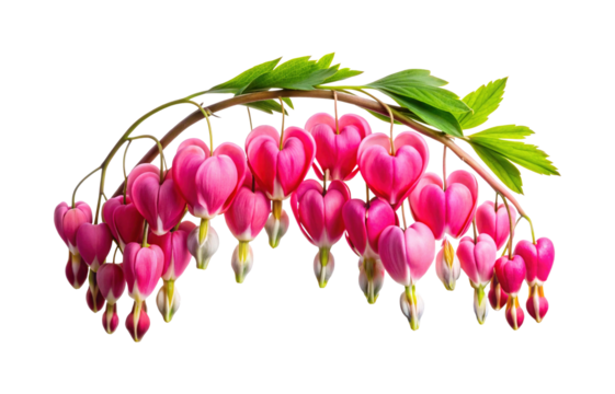 Detailed closeup view of a curved branch of bleeding heart flowers