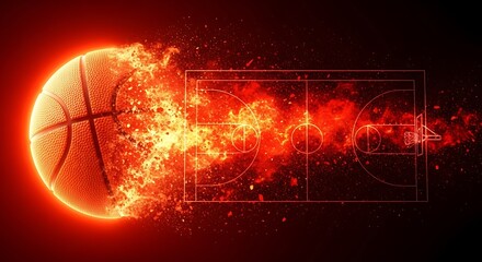 Flaming basketball soaring with an intense fiery trail over a glowing abstract court outline, symbolizing speed, passion, and intense competition.