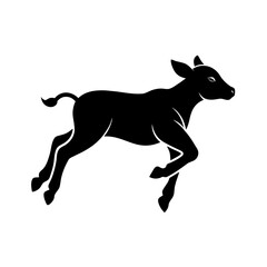 Dynamic silhouette of a young calf running across a white background