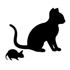 Black silhouette of a cat sitting next to a small mouse
