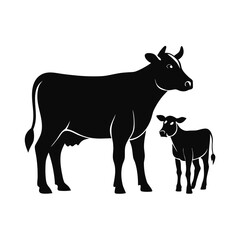 Mother cow and calf standing together in silhouette