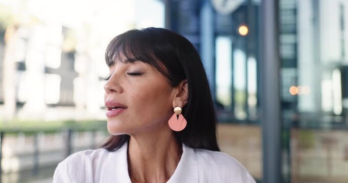 Thinking, breathing and business woman in city for fresh air, break and smile with vision. Happy, mature worker and eyes closed for stress relief, peace or calm outdoor to relax with positive mindset