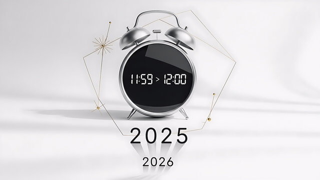 High-quality minimalist 3D illustration of the year transition from 2025 to 2026 with a sleek alarm clock representing a countdown. White background and modern aesthetic suitable.