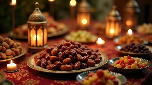Ramadan iftar table setting with dates lanterns and candles
