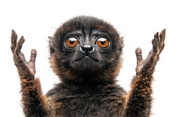 Obraz premium Wide-eyed lemur with raised hands against bright white backdrop