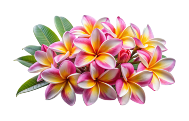 A vibrant cluster of pink, yellow, and white plumeria blossoms with green leaves