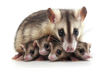 Woolly opossum mother with her four babies huddled together
