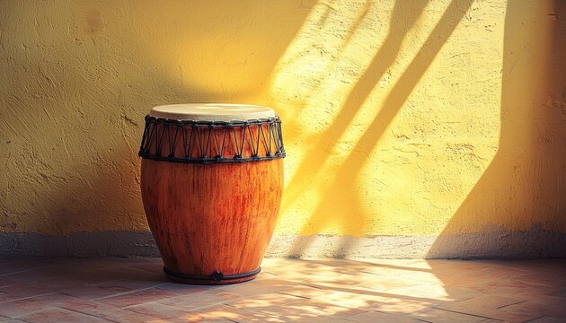 Wooden drum sits on brick floor against yellow wall, shadows adding depth