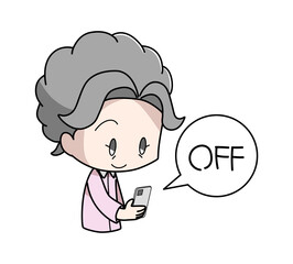寝る前にスマートフォンの電源を切る高齢女性のイラスト