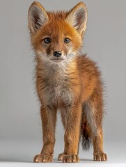 Naklejka premium Young, rusty fox standing on a light background, looking at the camera