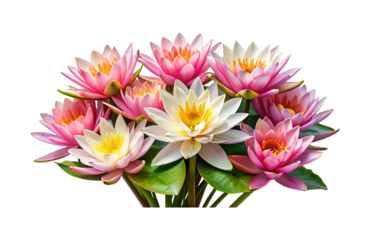 Beautiful bouquet of pink and white water lilies with green leaves