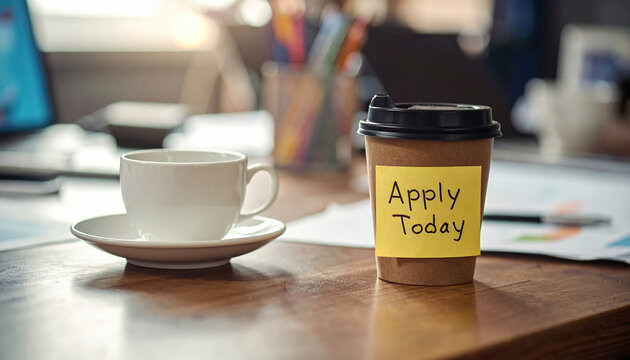 Apply today message on coffee cup at an office desk. hiring concept addressing labor market shortages and urgent need for new employees and recruitment - Powered by Adobe