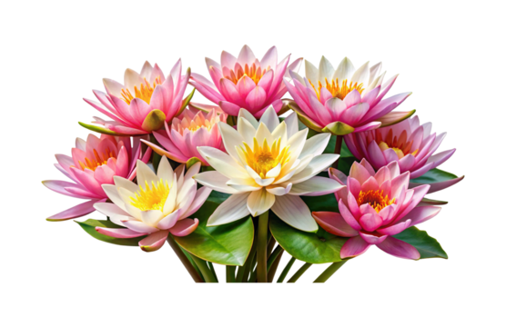 Beautiful bouquet of pink and white water lilies with green leaves