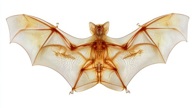 Bat wing bone and organ mapping inside translucent body shows detailed skeletal structure and delicate membrane veins, revealing intricate anatomy with scientific clarity and natural beauty