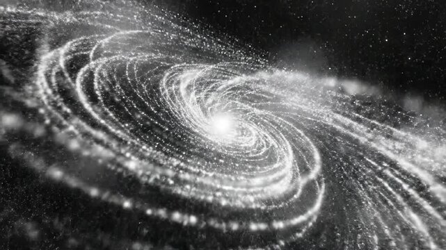 Thousands of shimmering white particles moving elegantly and dynamically through a deep black void simulating an energetic gravitational field elegantly, future, cinematic