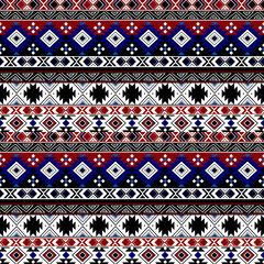 Seamless colorful tribal Mexican pattern. Blue, red, black pattern on white background.