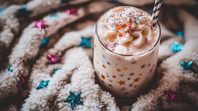A galaxy themed milkshake with glittery sprinkles placed on starry patterned blanket