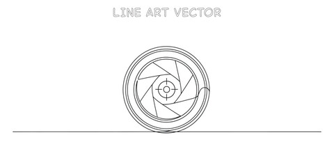 Camera lens aperture shutter mechanism depicted in minimalist continuous line drawing