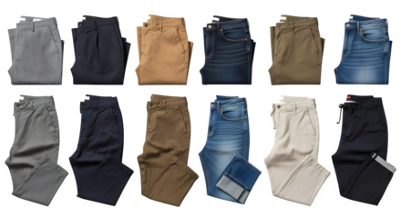 Collection of various folded and unfolded pants and jeans, isolated on transparent background