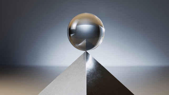 A shiny silver sphere balanced precariously on a silver pyramid, demonstrating balance and precision. The reflective surfaces create an interplay of light and shadow