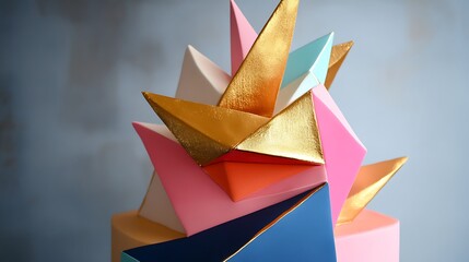 A geometric abstract cake with sharp angles bold colors and edible gold foil