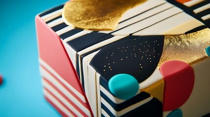 A geometric abstract cake with sharp angles bold colors and edible gold foil