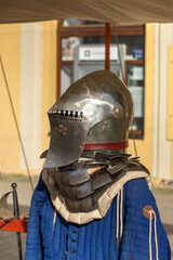 Obraz premium old medieval bascinet-type helmet popular in medieval Europe, evolving from a simple steel cap in the late 13th century