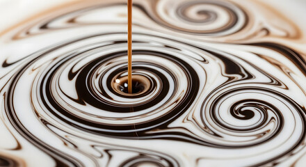 Close-Up Stream of Dark Chocolate Syrup Pouring into White Milk or Cream Creating Swirls