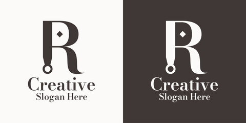 Vintage style Letter R typography logo with decorative serif elements and security icon inside