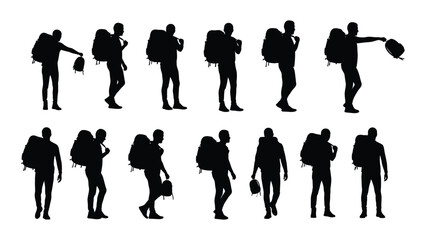 Backpacker silhouettes collection isolated on white background, Vector